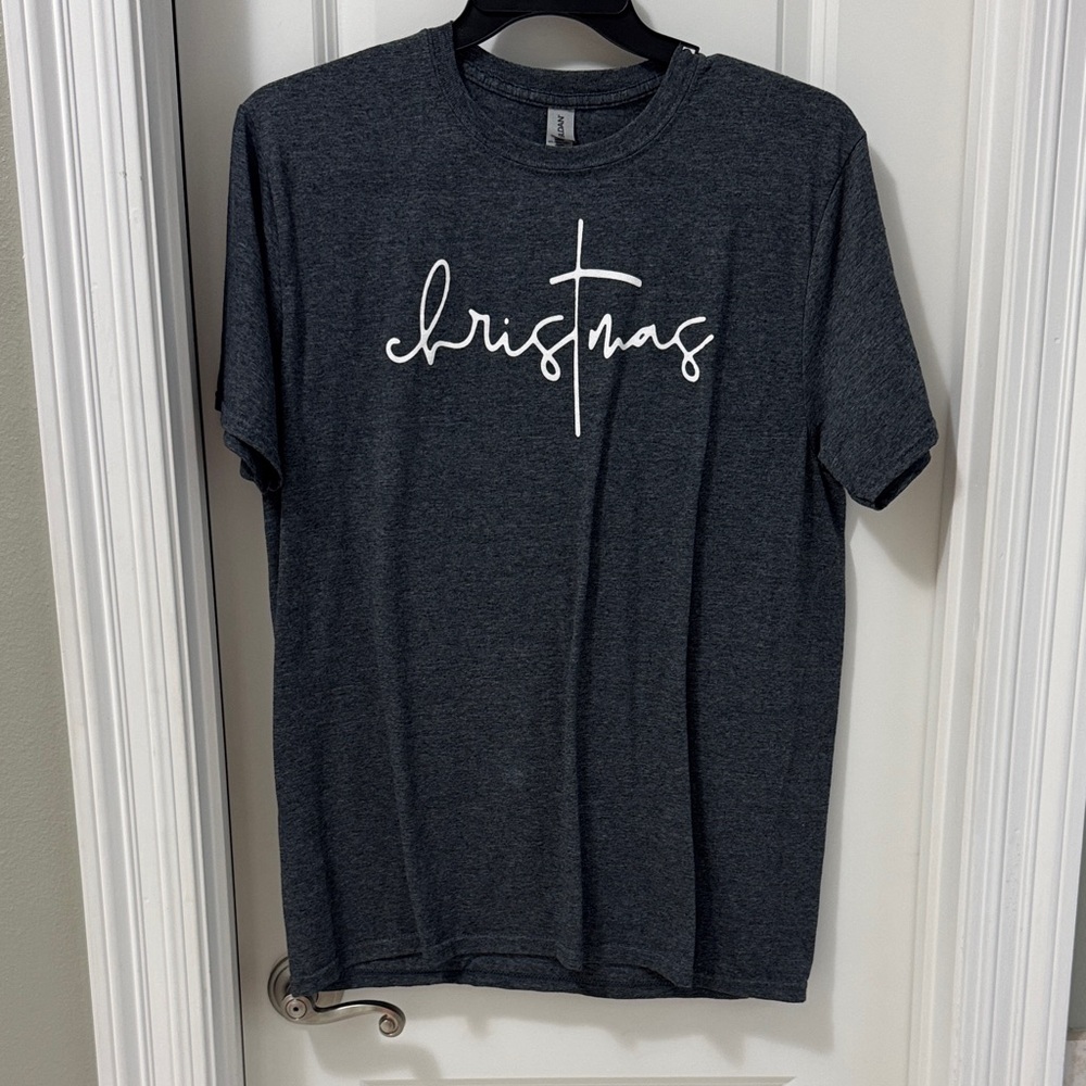 Gildan Dark Charcoal Short Sleeve Tee with White 'christmas' Script & Cross
